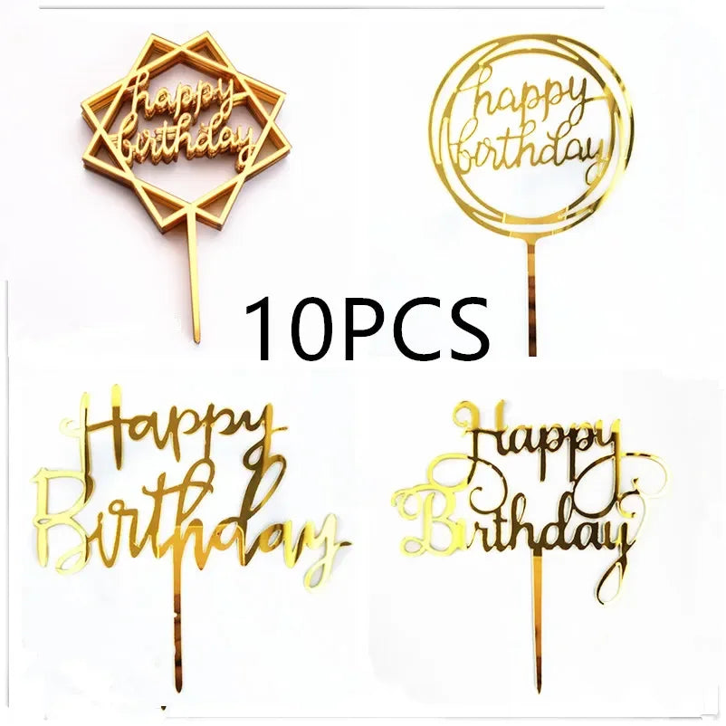 10 pcs Rose Gold Happy Birthday Insert Cake Decoration Inserts Silver Black Minimalist Design Cake Decoration Baby Baptism Party