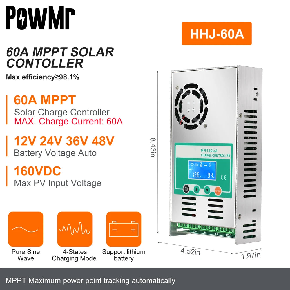 PowMr 60A MPPT Solar Charge Controller Work for 12V 24V 36V 48V Lithium Lead Acid Battery With LCD Display Max PV 160VDC Input