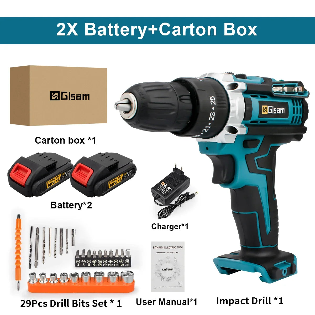 25+3 Torque Impact Drill Electric Screwdriver Cordless Electric Hammer Drill Driver 2 Gear Speed Lithium-Ion Battery Power Tools