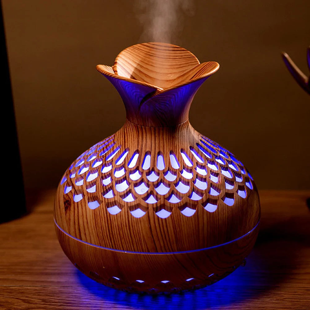 300ML Wood Grain Flower Humidifier Silent Aromatherapy Diffuser USB Rechargeable Mini Air Humidifier with Colorful Night Light