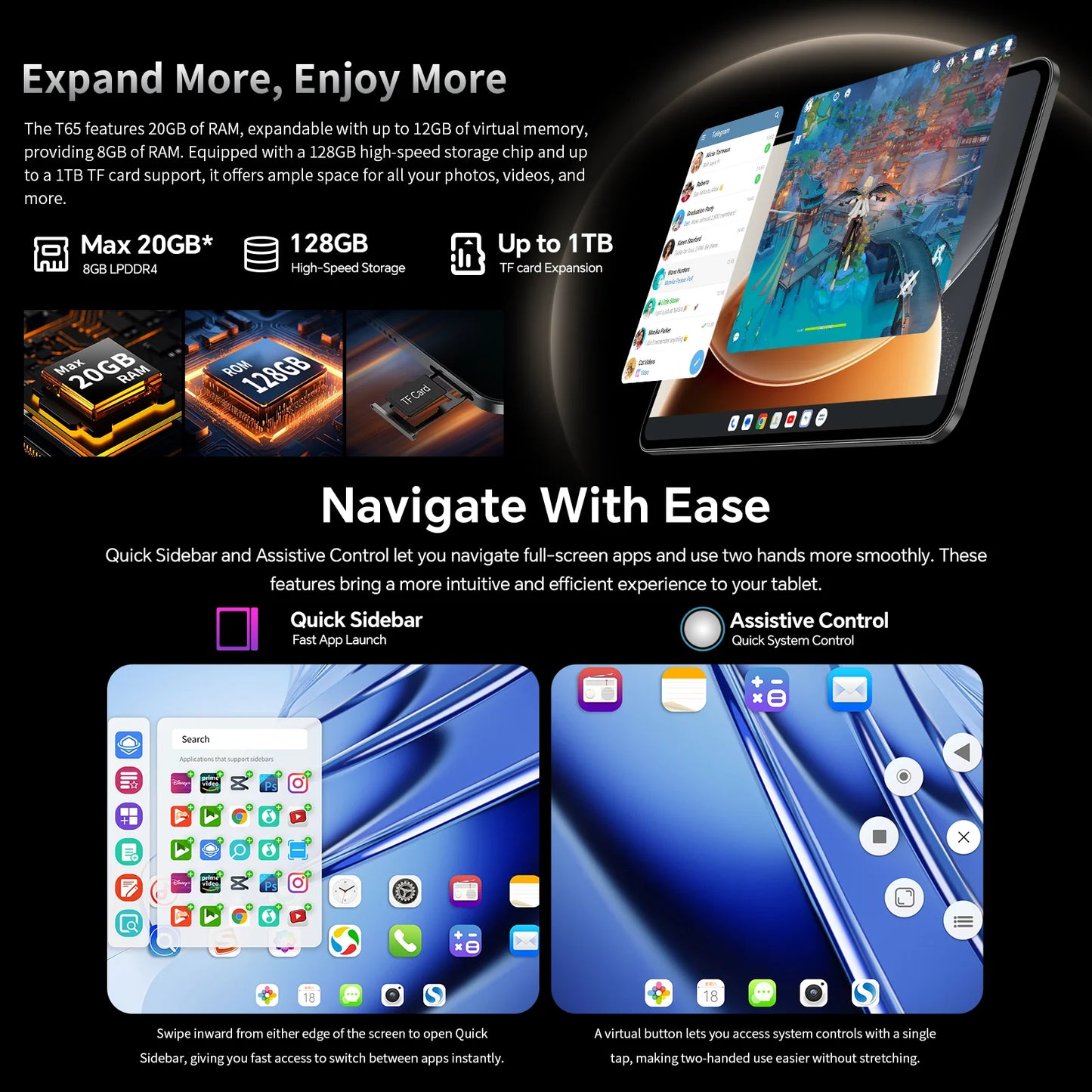Teclast T65 Android 16 Tablet 13.4 inch 1920x1200 120Hz T7280 8-Core Max 20GB RAM(8GB+12GB Expansion) 128GB ROM 4G LTE 8000mAh