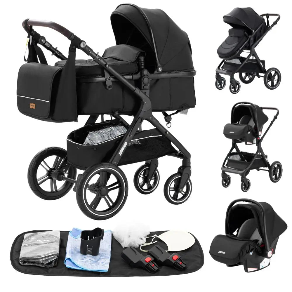 Baby Stroller 3 in 1 Luxurious Portable Travel Baby Carriage Fold Pram High Landscape Aluminum Frame Newborn Infant Stroller BLACK