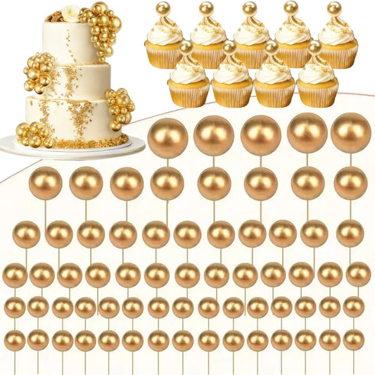 68Pcs Gold Balls Cake Topper Cupcake Foam Cake Balls Decorations for Birthday Party Wedding Anniversary Cake Decorating