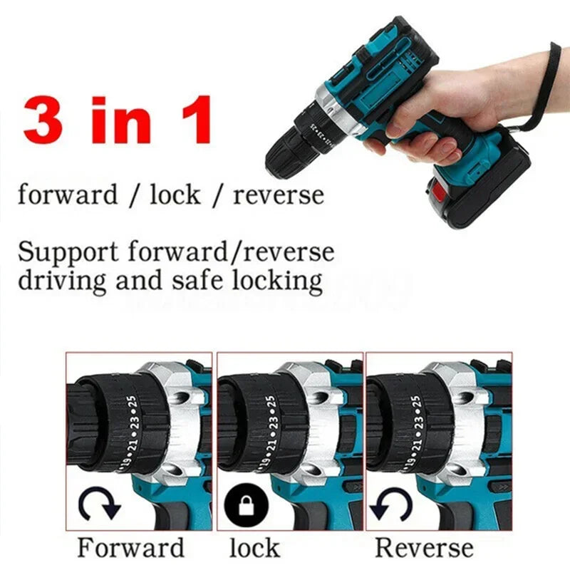 25+3 Torque Impact Drill Electric Screwdriver Cordless Electric Hammer Drill Driver 2 Gear Speed Lithium-Ion Battery Power Tools