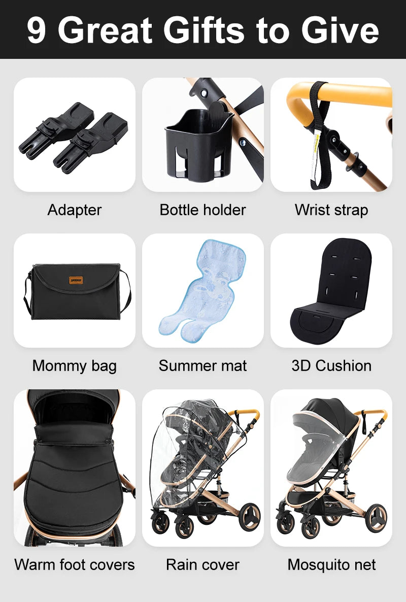 Baby Stroller 3 in 1 Luxurious Portable Travel Baby Carriage Fold Pram High Landscape Aluminum Frame Newborn Infant Stroller BLACK