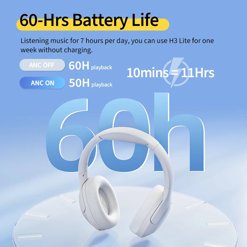 QCY H3 Lite ANC Wireless Earphone Bluetooth 5.3 Gaming Headphones 40mm Driver HiFi Sound Over Ear Headset Multipoint Connection