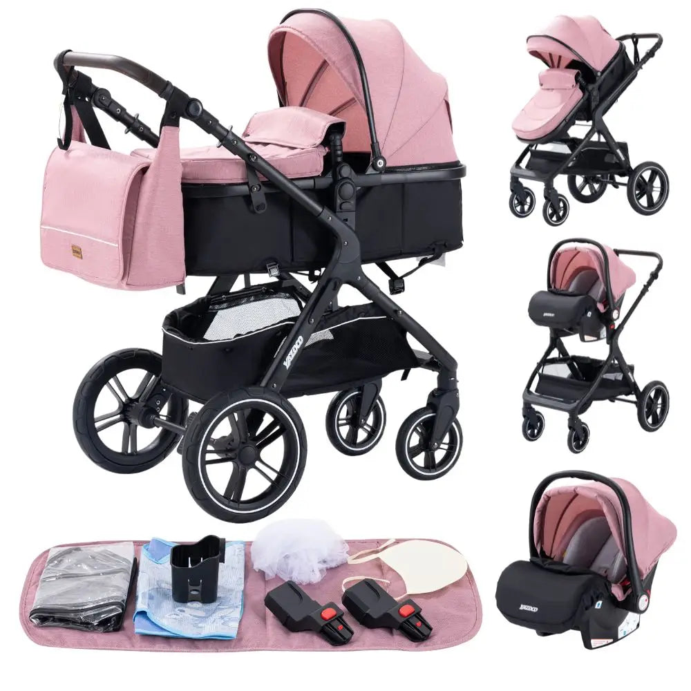 Baby Stroller 3 in 1 Luxurious Portable Travel Baby Carriage Fold Pram High Landscape Aluminum Frame Newborn Infant Stroller BLACK