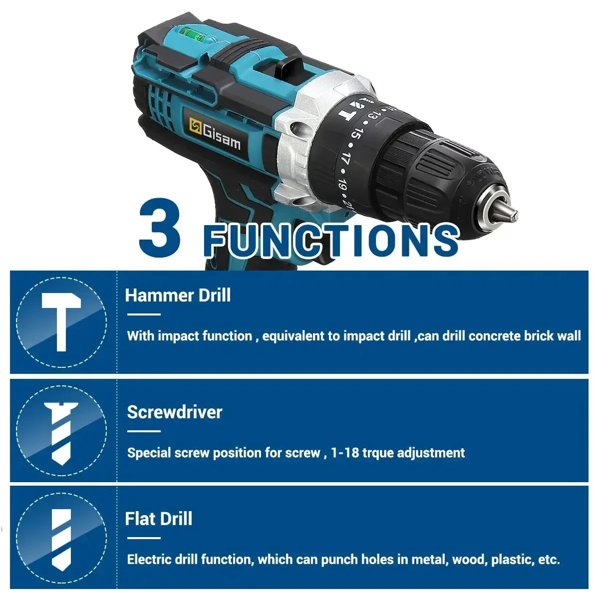 25+3 Torque Impact Drill Electric Screwdriver Cordless Electric Hammer Drill Driver 2 Gear Speed Lithium-Ion Battery Power Tools