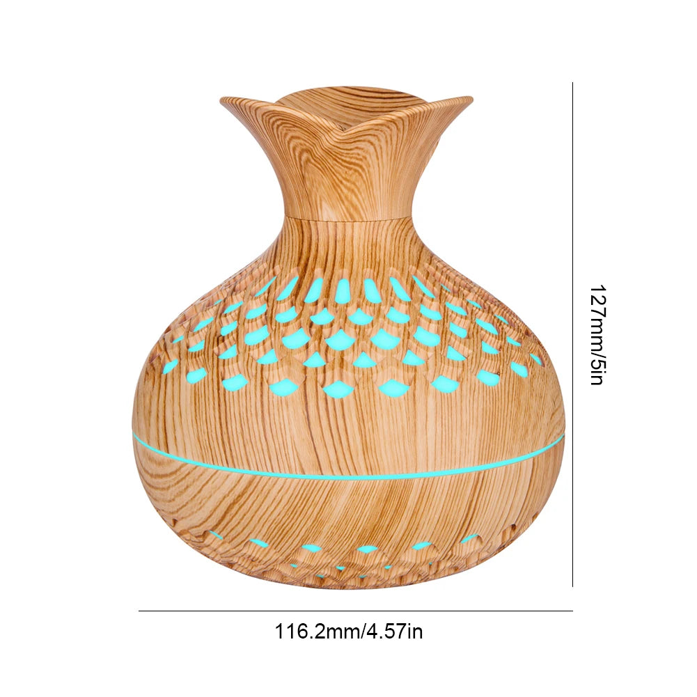 300ML Wood Grain Flower Humidifier Silent Aromatherapy Diffuser USB Rechargeable Mini Air Humidifier with Colorful Night Light