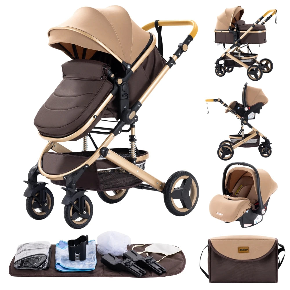 Baby Stroller 3 in 1 Luxurious Portable Travel Baby Carriage Fold Pram High Landscape Aluminum Frame Newborn Infant Stroller BLACK