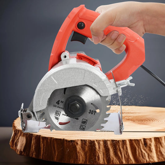Modern Handheld Cutting Machine 1580W Red Corded Electric Saw 2 Blades 0-45° Bevel Angle for Cutting Stone and Wood