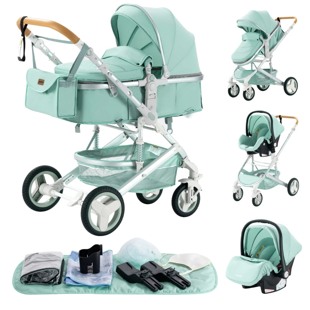 Baby Stroller 3 in 1 Luxurious Portable Travel Baby Carriage Fold Pram High Landscape Aluminum Frame Newborn Infant Stroller BLACK