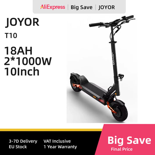 JOYOR T10 Adult Electric Scooter 1000W*2 Motor 60V18AH Battery Off-Road Escooter 10" Off-Road Tire Foldable E-Scooter