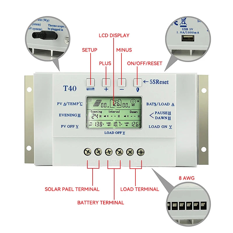 ECGSOLAX 20A 40A MPPT Solar Charge Controller 12V 24V Auto Solar Panel Regulator Load Dual Timer Charging Control MAX PV 48VDC