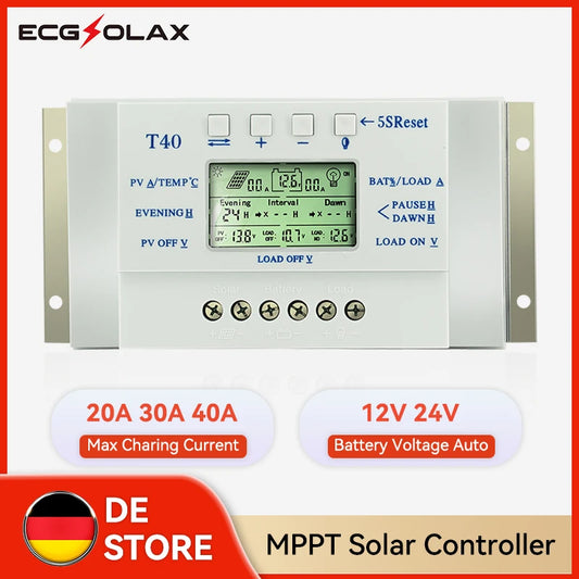 ECGSOLAX 20A 40A MPPT Solar Charge Controller 12V 24V Auto Solar Panel Regulator Load Dual Timer Charging Control MAX PV 48VDC