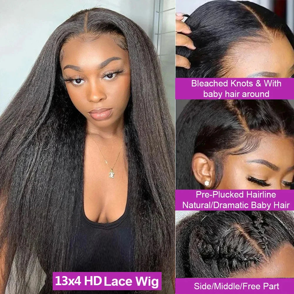 Full 360 Hd Lace Frontal Wig Kinky Yaki Straight Lace Front Human Hair Wig 40 Inch Straight Human Hair Wig For Women 300 Density
