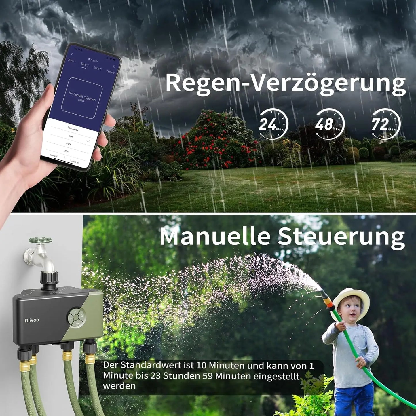 Diivoo WiFi Water Timer 4 Outlets Garden Automatic Irrigation Timer Watering Systems Controller with Rain Delay Manual Watering