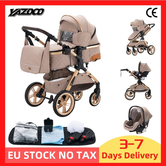 Luxury Baby Stroller 3 in1 Portable Travel Baby Carriage Aluminum Frame Folding Prams High Landscape Car for Newborn Baby BLACK