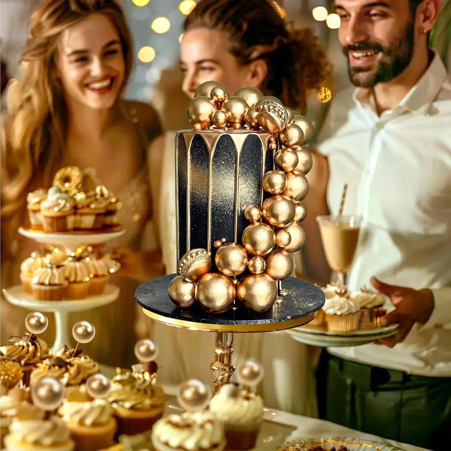 68Pcs Gold Balls Cake Topper Cupcake Foam Cake Balls Decorations for Birthday Party Wedding Anniversary Cake Decorating