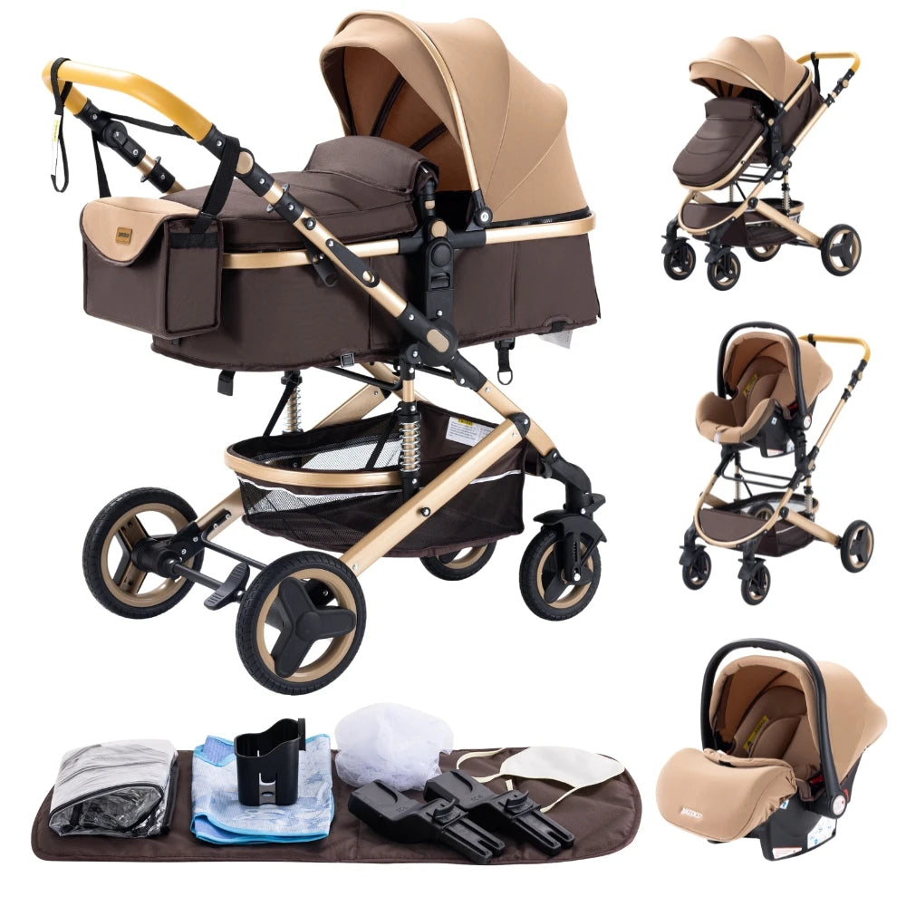 Baby Stroller 3 in 1 Luxurious Portable Travel Baby Carriage Fold Pram High Landscape Aluminum Frame Newborn Infant Stroller BLACK