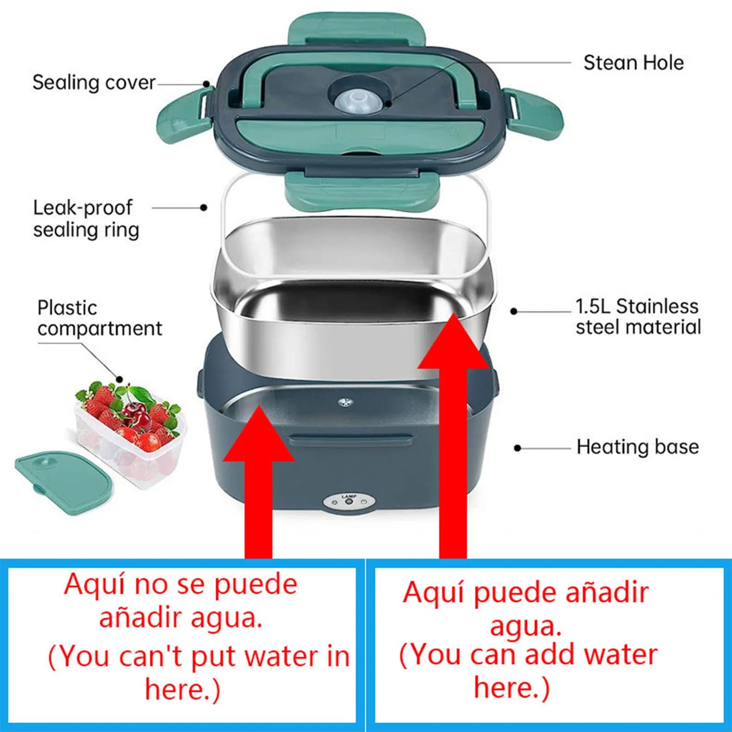 1.5L 60W 220V Electric Lunch Box, 220V Plug + Car Cigarette Lighter Plug, Heating for Lunch