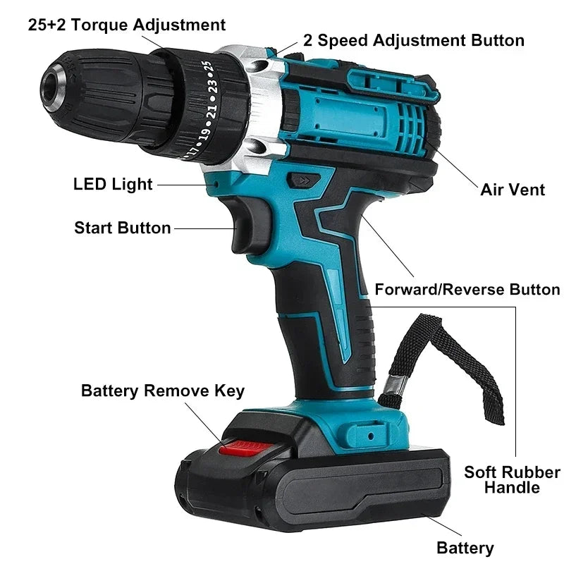 25+3 Torque Impact Drill Electric Screwdriver Cordless Electric Hammer Drill Driver 2 Gear Speed Lithium-Ion Battery Power Tools