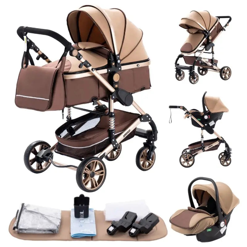 Baby Stroller 3 in 1 Luxurious Portable Travel Baby Carriage Fold Pram High Landscape Aluminum Frame Newborn Infant Stroller BLACK