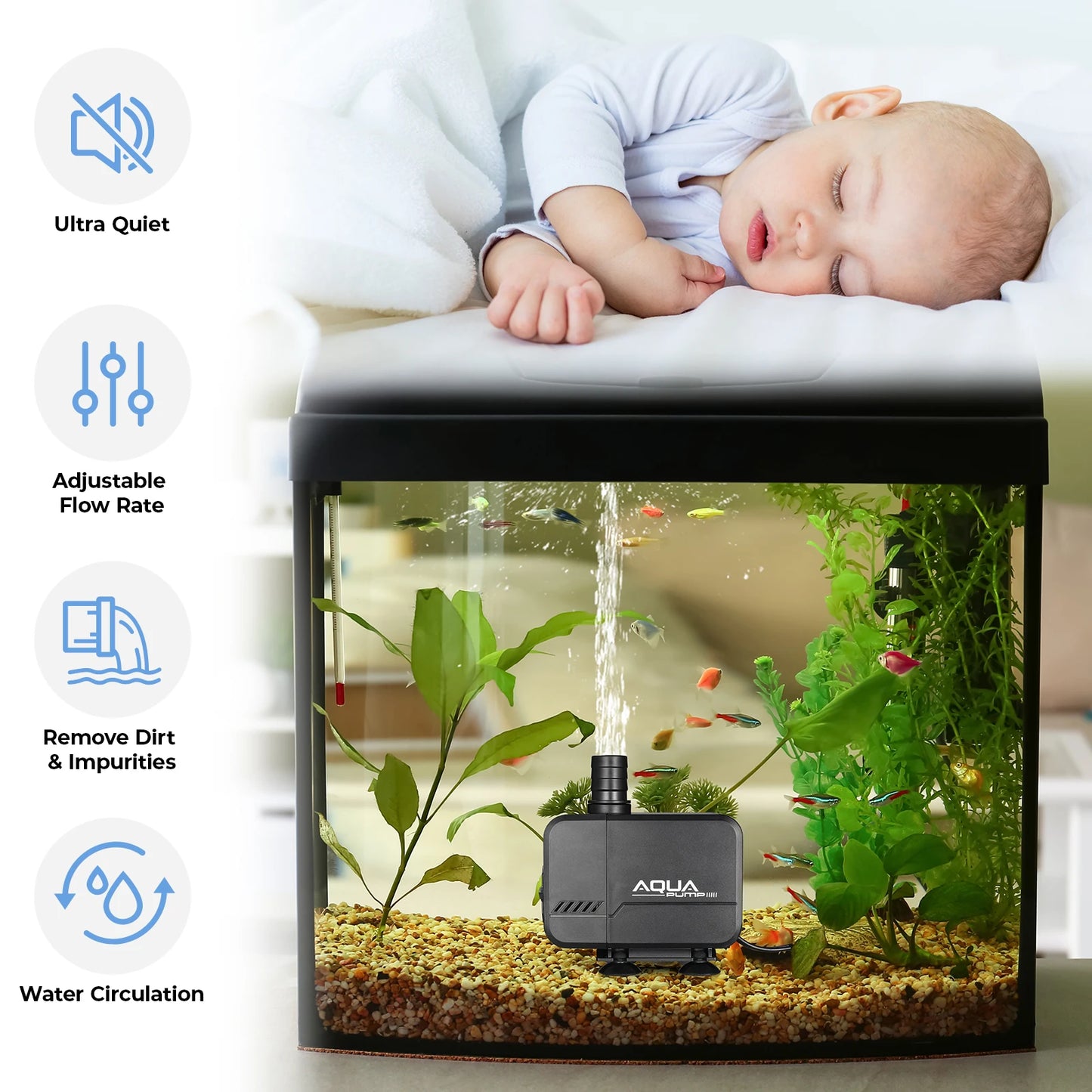 Fountain Pump 15W 1500L/H and 40W 3000L/H Submersible Water Pump, Outdoor Fountain Water Pump with 2.3m Power Cord, 3 Nozzles